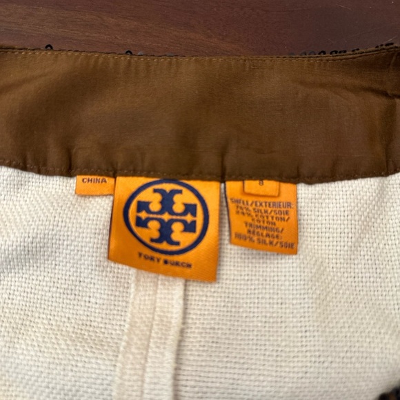 Tory Burch Linen Sleeveless Top Natural Linen Pin-Tuck Silk Brown Black (T1) - Picture 5 of 8